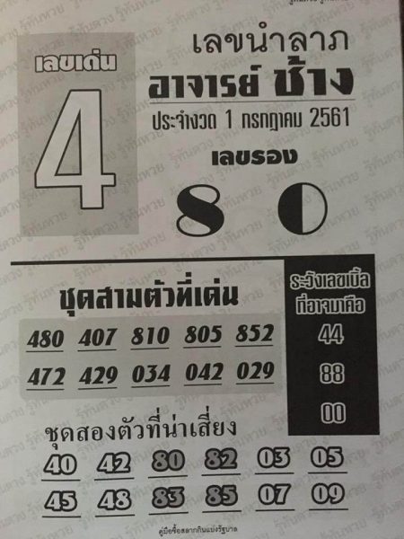 เลขนำลาภอาจารย์ช้าง 1/7/61