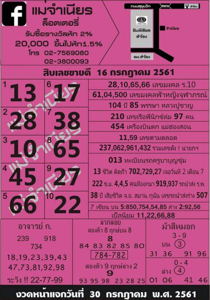 หวยแม่จำเนียร 16/7/61