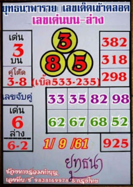 หวยยุทธนาพารวย 1/9/61