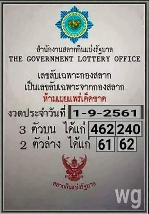 เลขลับเฉพาะกองสลาก 1/9/61