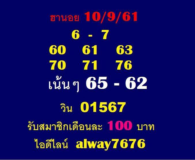 เลขดังหวยฮานอย 10/9/61 9