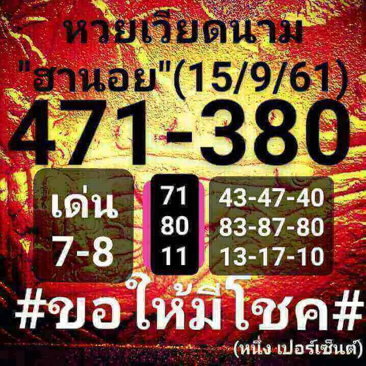 คำนวณเลขหวยฮานอย 15/9/61 7