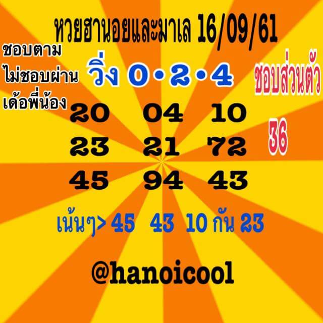 เลขชุดหวยฮานอย 16/9/61