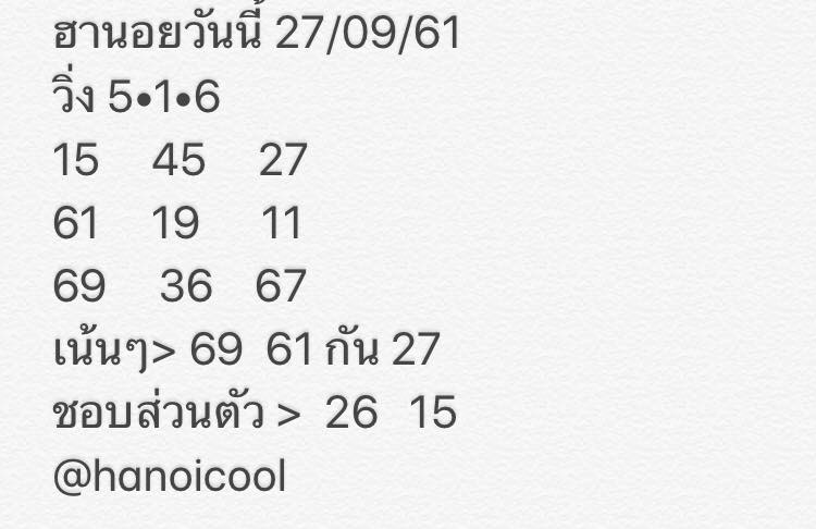 หวยฮานอยน่าเสี่ยงดวง 27/9/61 