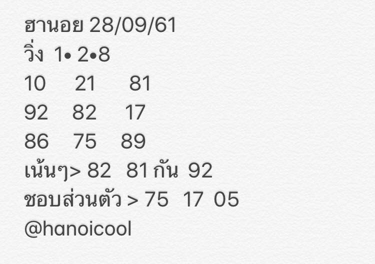 แจกสูตรหวยฮานอยพารวย 28/9/61 11