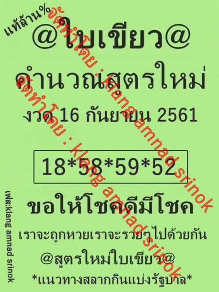 หวยใบเขียว 16/9/61