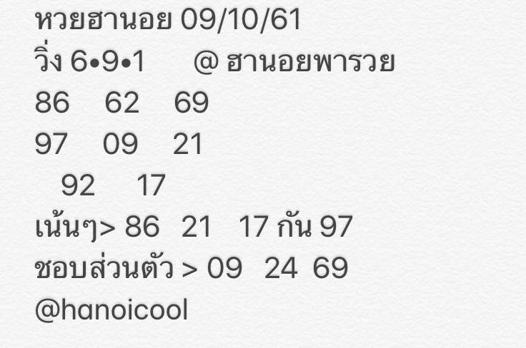 แจกสูตรเด็ดหวยฮานอย 9/10/61 14