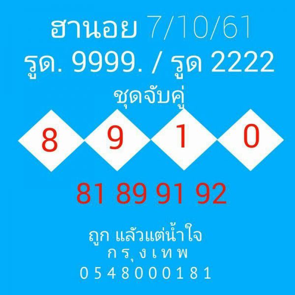 แจกสูตรหวยฮานอยลุ้นโชค 7/10/61 17