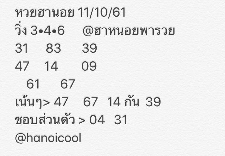 แจกชุดตัวเลขหวยฮานอย 11/10/61 1