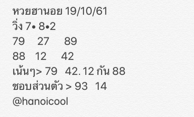 แจกชุดตัวเลขหวยฮานอย19/10/61