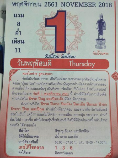 หวยปฏิทินหมอไพศาล 1/11/61