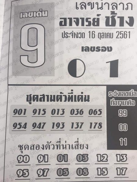 หวยอาจารย์ช้าง 16/10/61