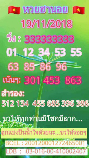 หวยฮานอยเงินล้าน 19/11/61 18