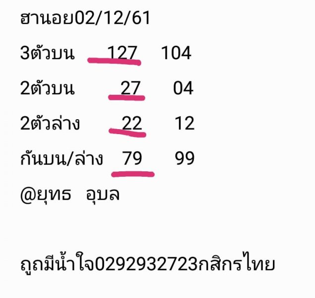 หวยฮานอยบนล่าง 2/12/61 4