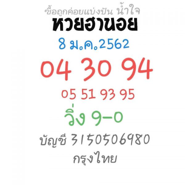 หวยฮานอยวันนี้ 8/1/62