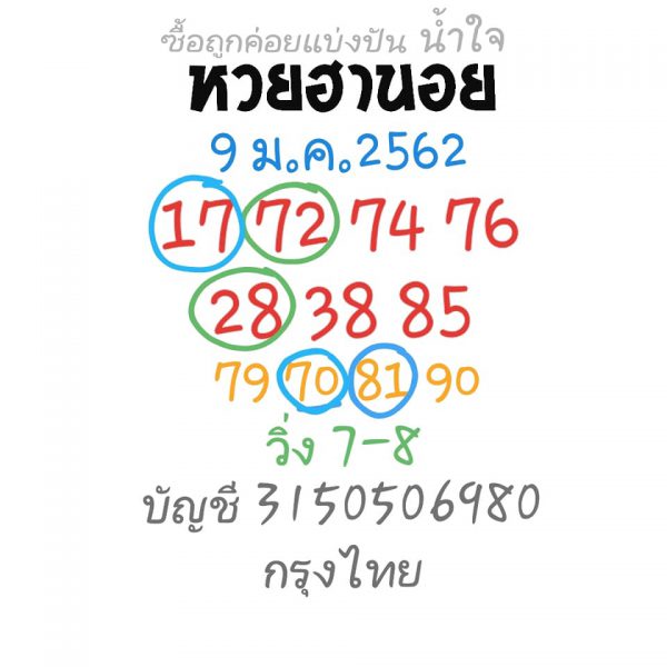 หวยฮานอยพารวย 9/1/62 11