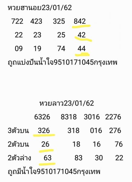 หวยลาววันพุธ 23/1/62 3