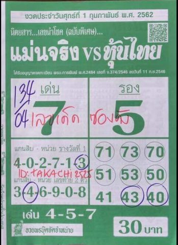 หวยนิตยสารเลขนำโชค 16/2/62 งวดที่ผ่านมา