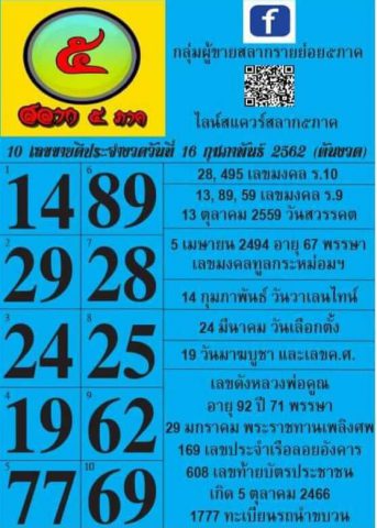 หวยสลาก ๕ ภาค 16/2/62