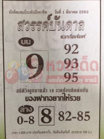 หวยสวรรค์บันดาล 1/3/62 