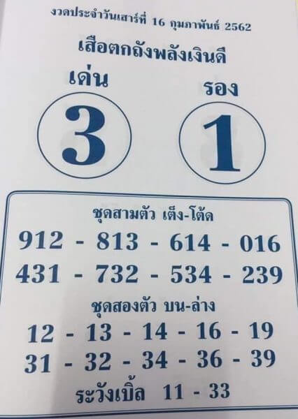 หวยเสือตกถัง 16/2/62