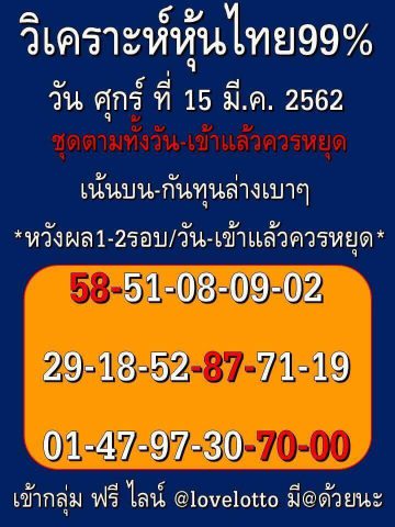 เลขชุดหวยหุ้น 15/3/62 12