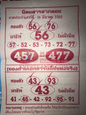 หวยลาภลอย 16/3/62