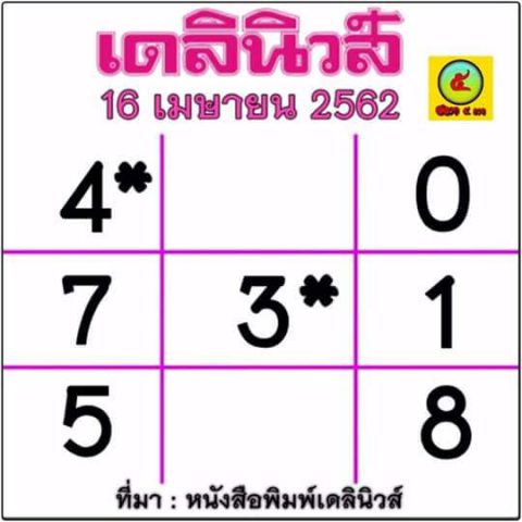 หวยเดลินิวส์ 16/4/62