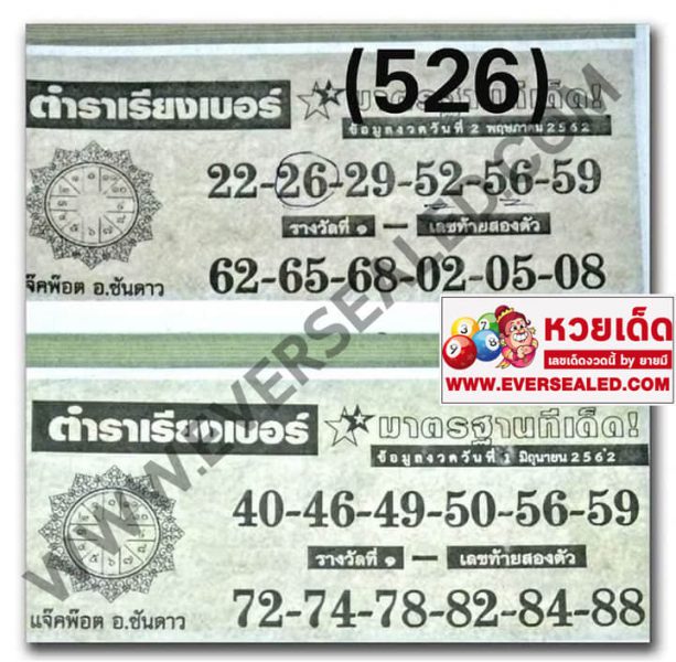 หวยตำราเรียงเบอร์ 1/6/62