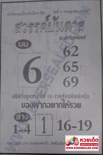 หวยสวรรค์บันดาล 1/7/62