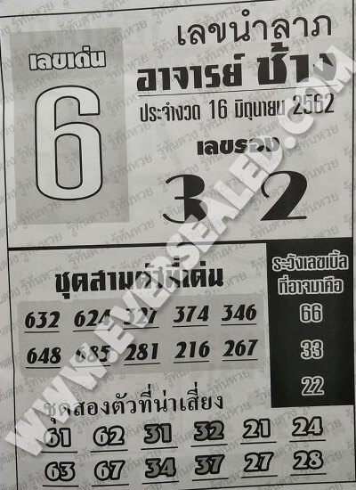 หวยอาจารย์ช้าง 16/6/62