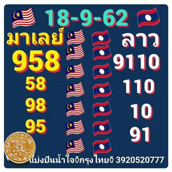 หวยมาเลย์วันนี้ 18/9/62 ชุดที่ 7