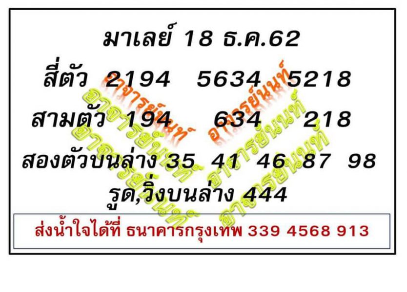 หวยมาเลย์วันนี้ 18/12/62 ชุดที่10