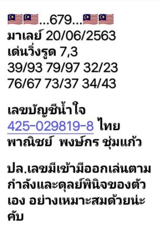 หวยมาเลย์วันนี้ 20/6/63 ชุดที่ 4