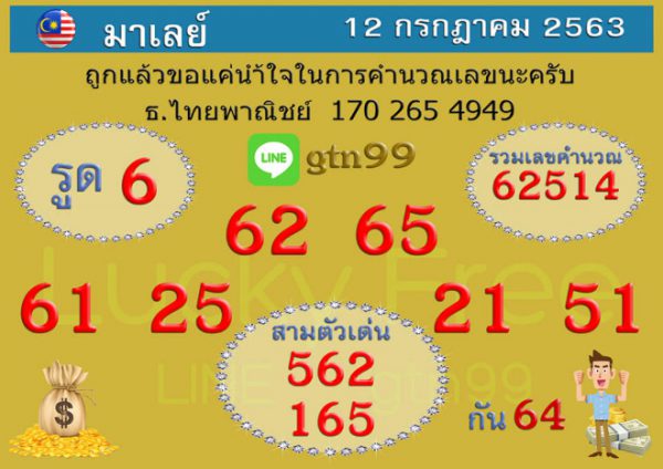 หวยมาเลย์วันนี้ 12/7/63 ชุดที่ 11