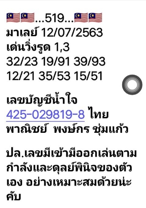 หวยมาเลย์วันนี้ 12/7/63 ชุดที่ 1