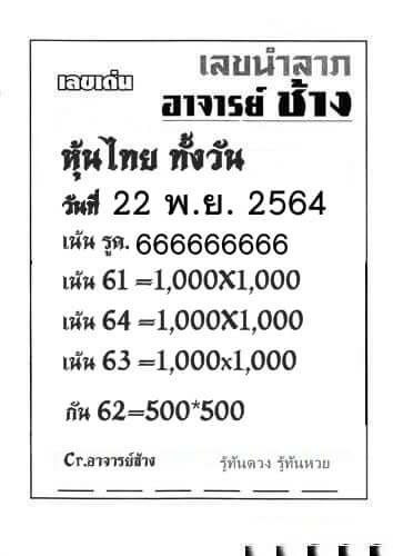 หวยหุ้นวันนี้ 22/11/64 ชุดที่ 6