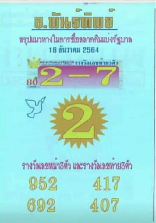 หวย อ.พันธ์ทิพย์ 16/12/64