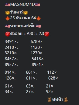 หวยมาเลย์วันนี้ 25/12/64 ชุดที่ 3