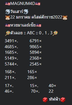 หวยมาเลย์วันนี้ 22/1/65 ชุดที่ 9