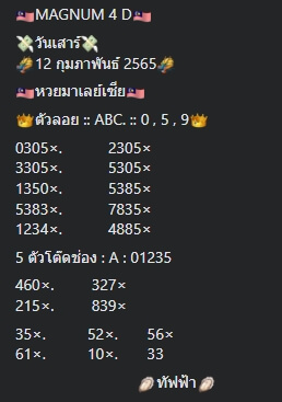 หวยมาเลย์วันนี้ 12/2/65 ชุดที่ 2