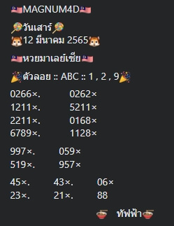 หวยมาเลย์วันนี้ 12/3/65 ชุดที่ 7