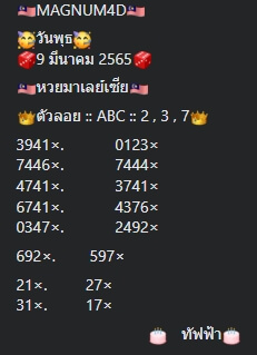 หวยมาเลย์วันนี้ 9/3/65 ชุดที่ 2