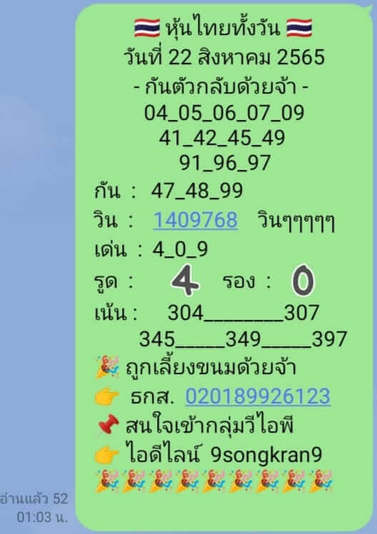 หวยหุ้นวันนี้ 22/8/65 ชุดที่ 1