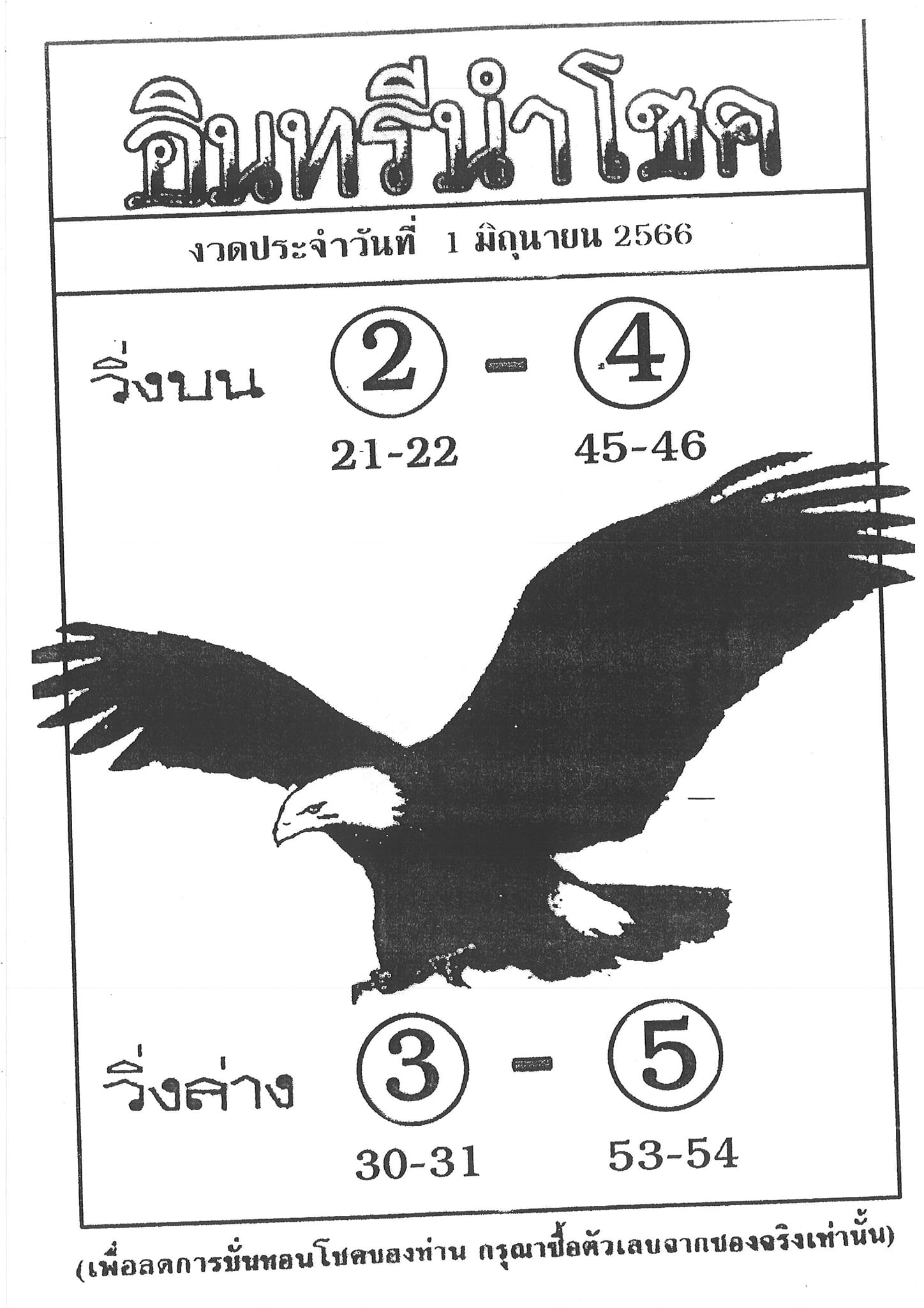 หวยอินทรีนำโชค 1/6/66