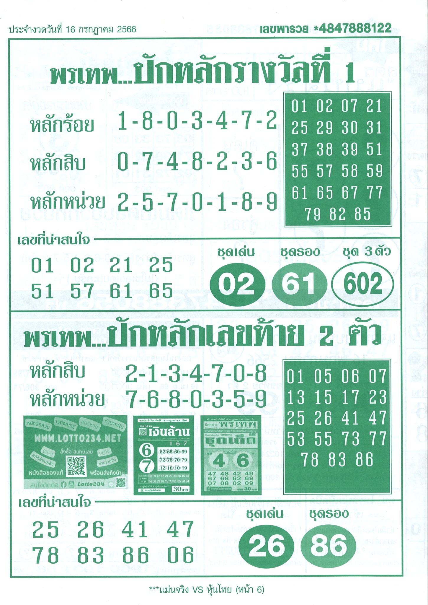 หวยพรเทพ 16/7/66