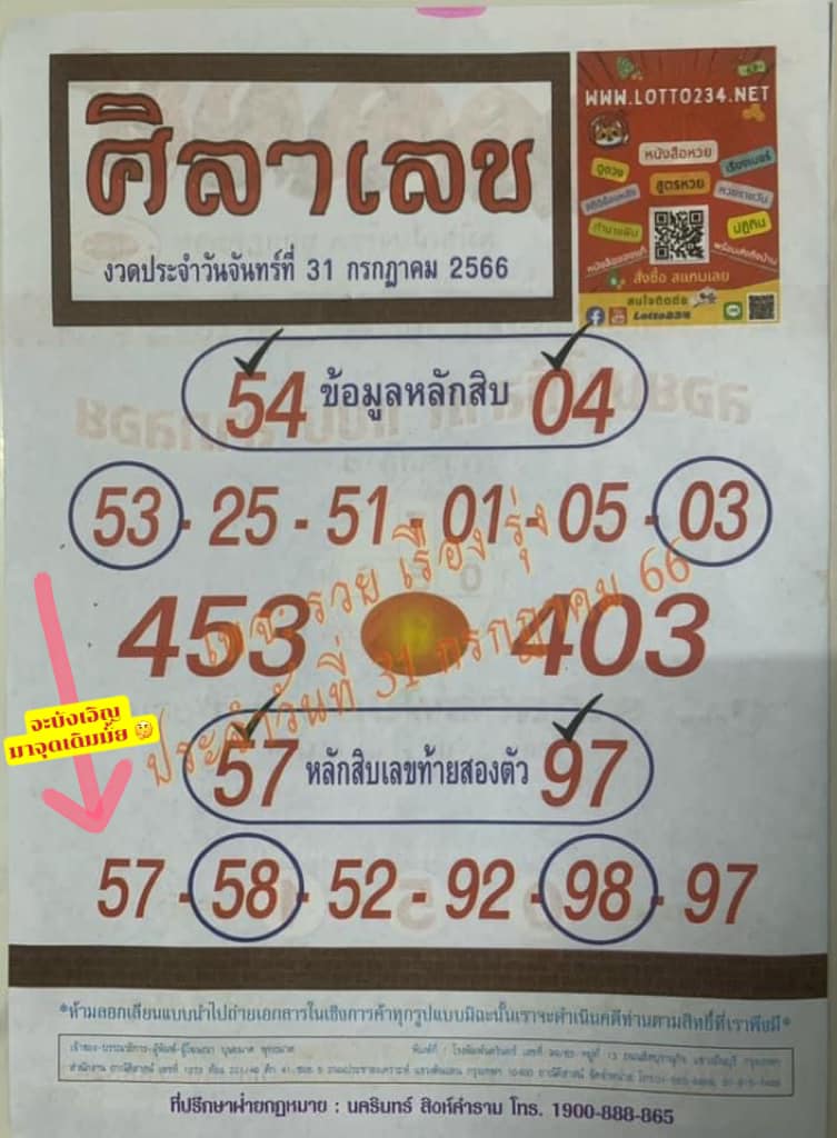 หวยศิลาเลข 31/7/66