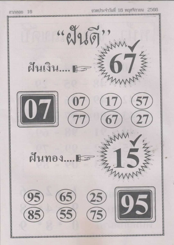 หวยฝันดี 16/11/66
