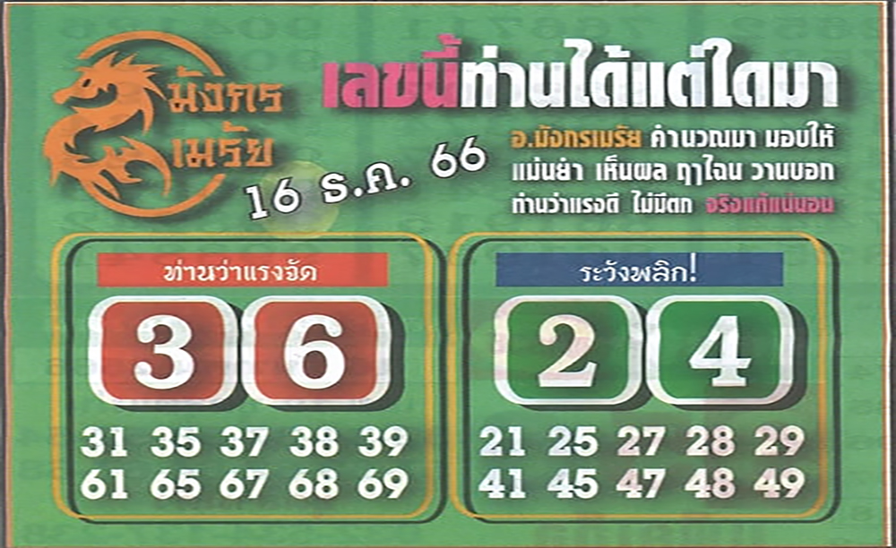หวยมังกรเมรัย 16/12/66