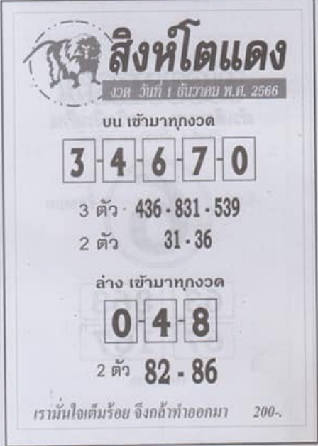 หวยสิงห์โตแดง 1/12/66